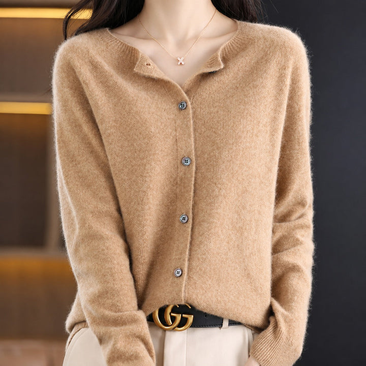 Women's crew neck button-front cardigan with long sleeves