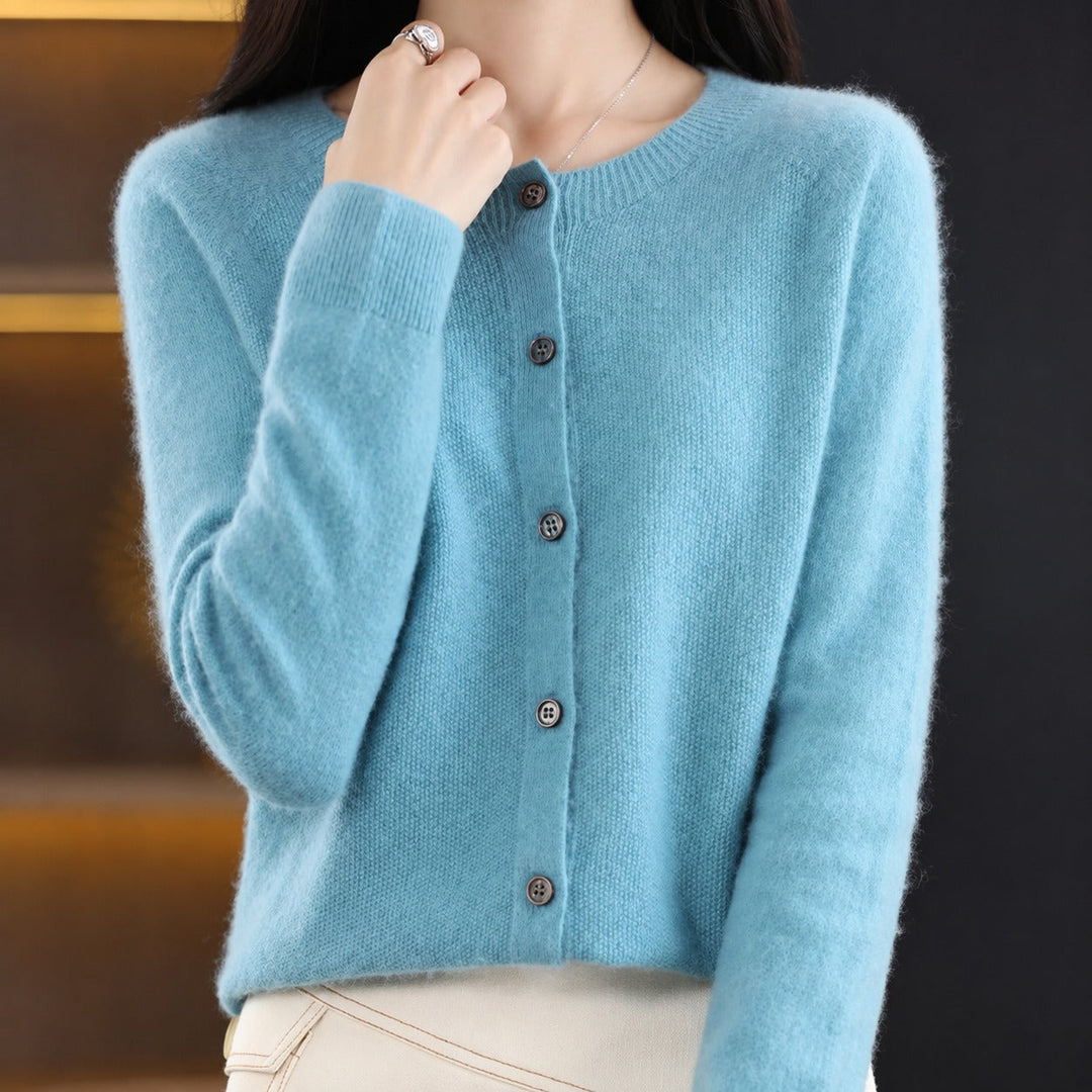 Women's crew neck button-front cardigan with long sleeves