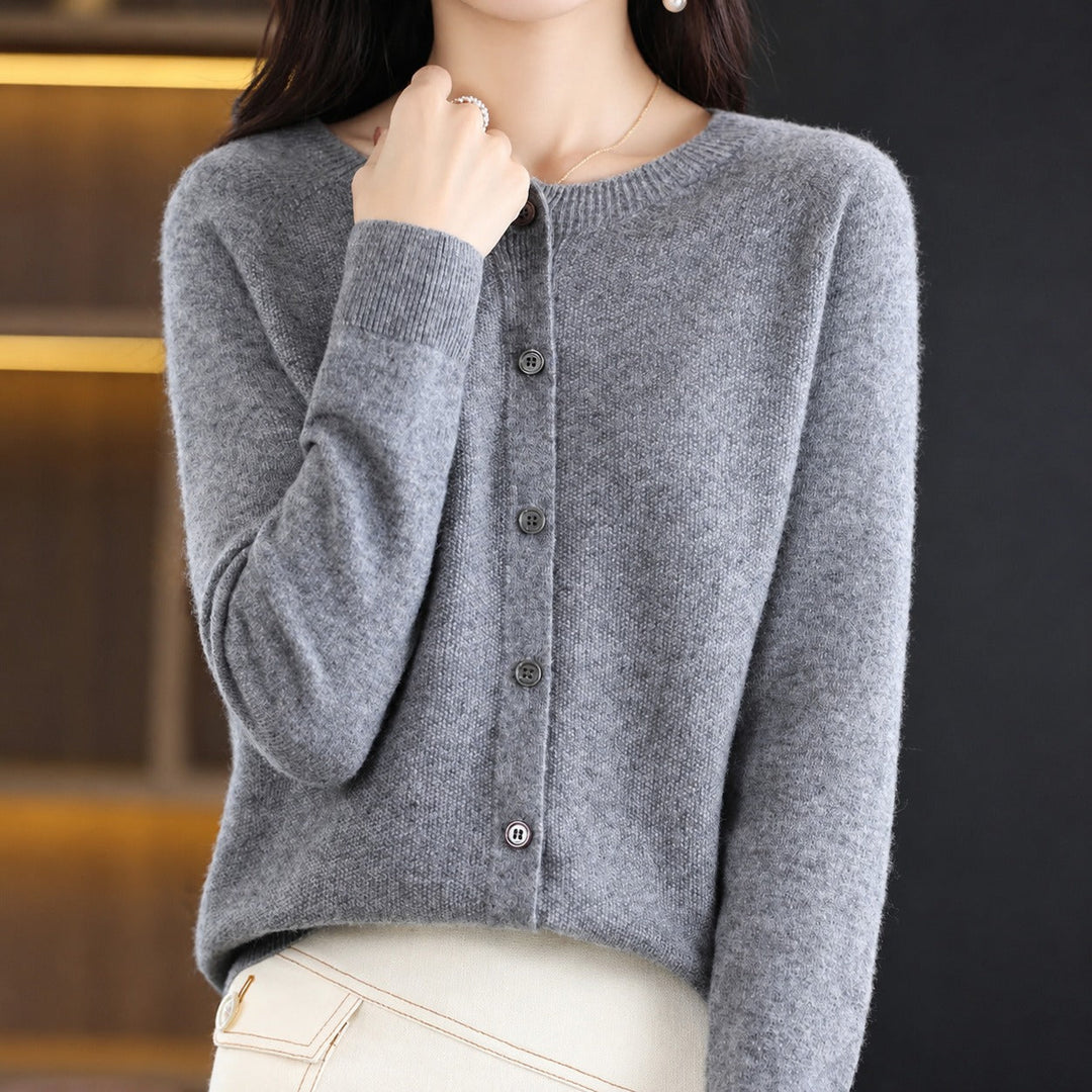 Women's crew neck button-front cardigan with long sleeves