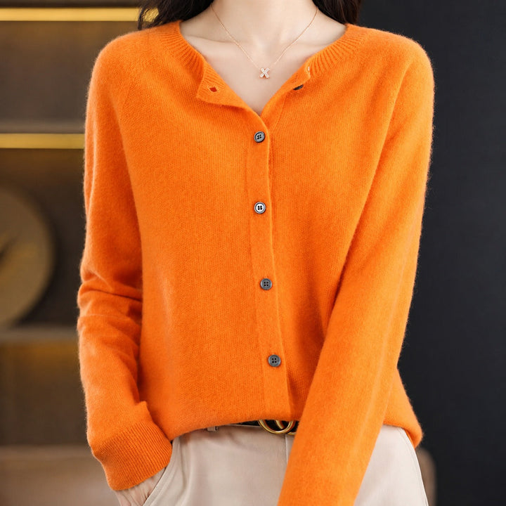 Women's crew neck button-front cardigan with long sleeves