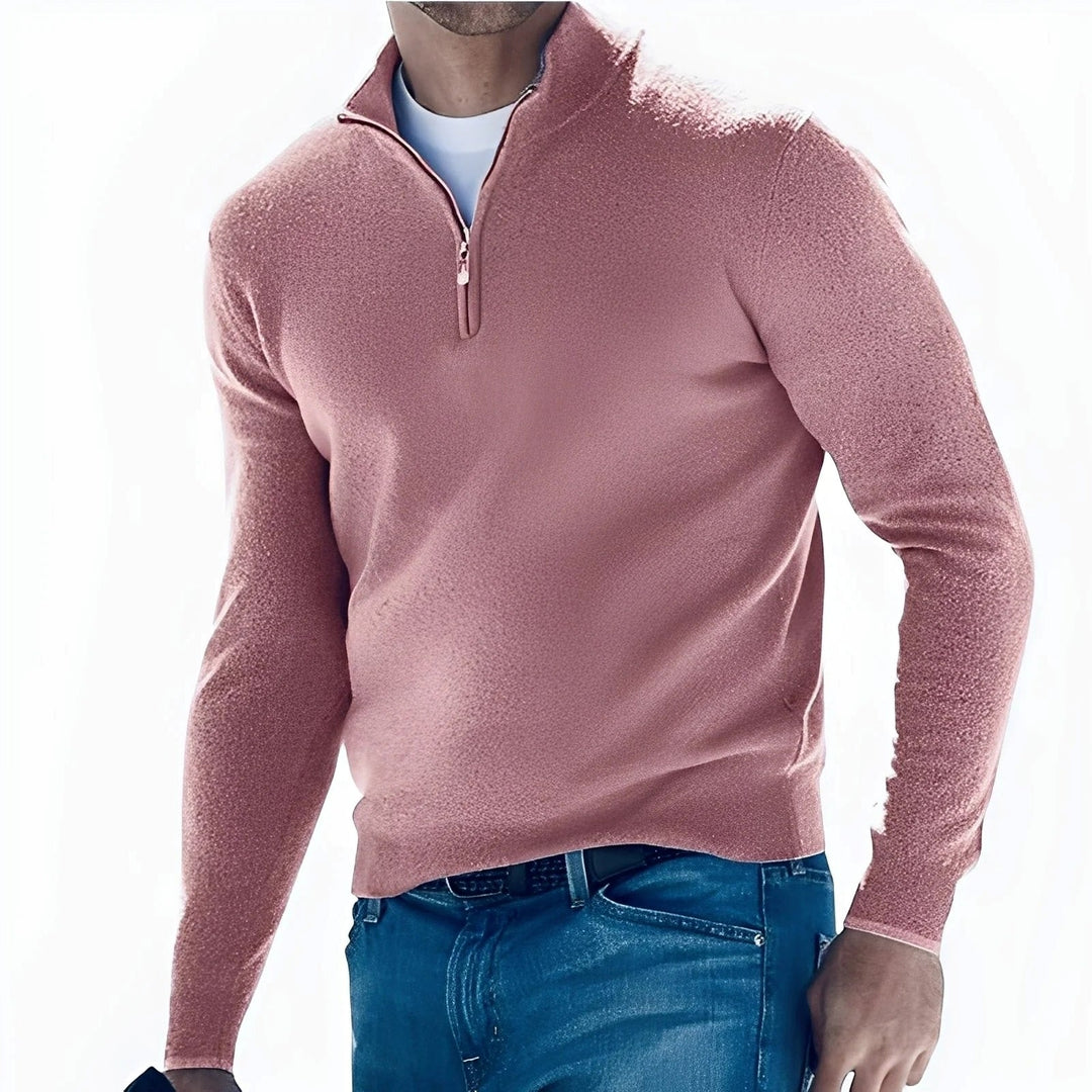 Men's long-sleeve half-zip sweater with mock neck and ribbed trims