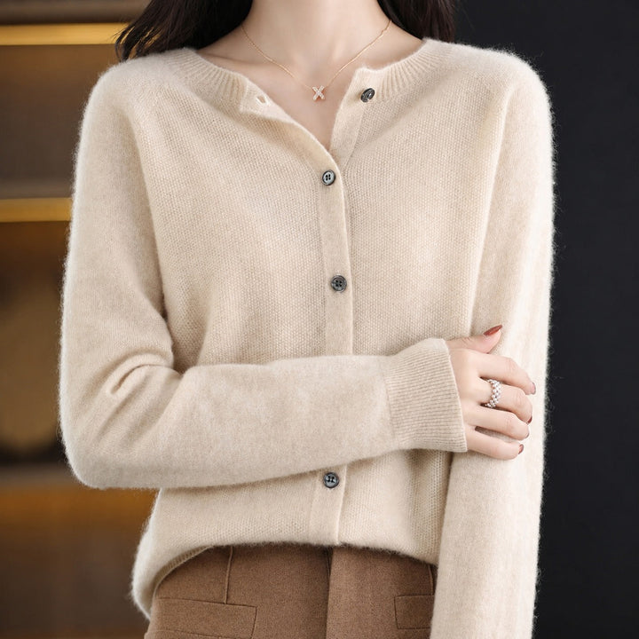 Women's crew neck button-front cardigan with long sleeves