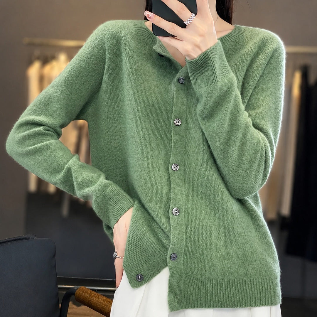 Women's crew neck button-front cardigan with long sleeves
