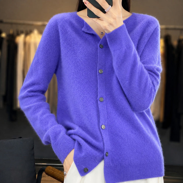 Women's crew neck button-front cardigan with long sleeves