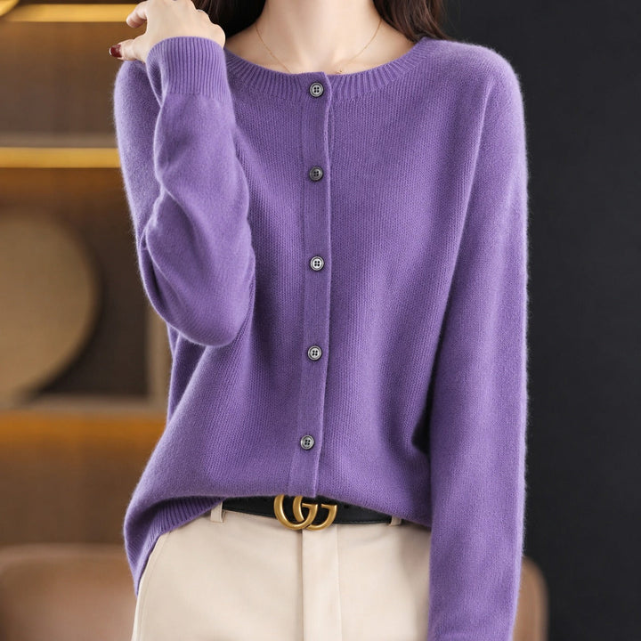 Women's crew neck button-front cardigan with long sleeves