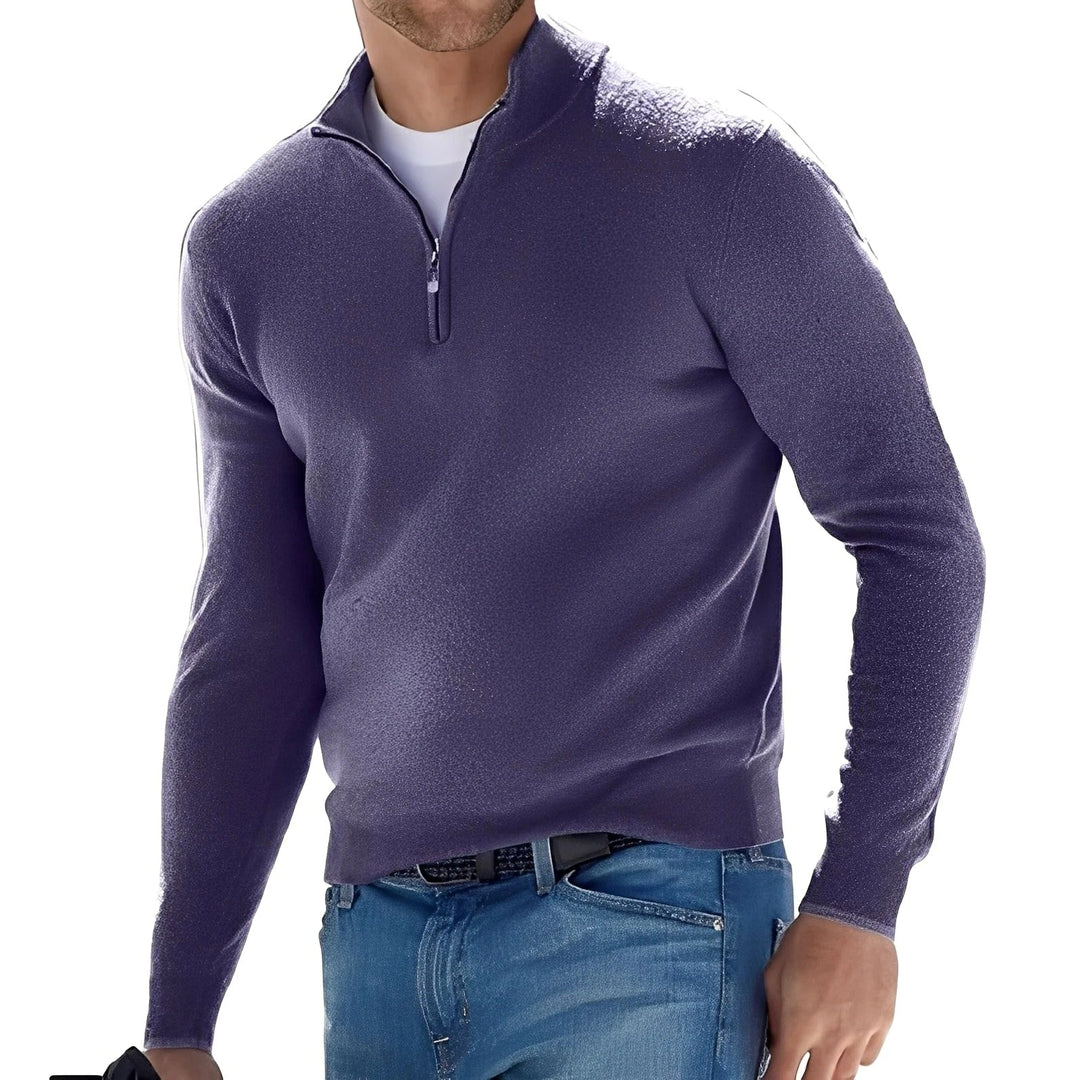 Men's long-sleeve half-zip sweater with mock neck and ribbed trims