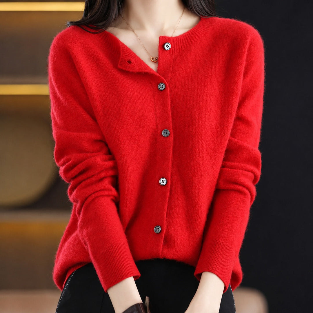Women's crew neck button-front cardigan with long sleeves