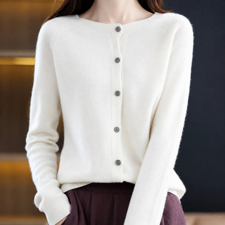 Women's crew neck button-front cardigan with long sleeves