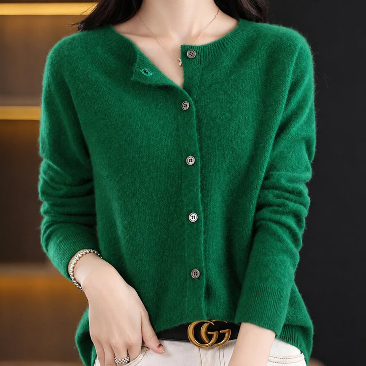 Women's crew neck button-front cardigan with long sleeves