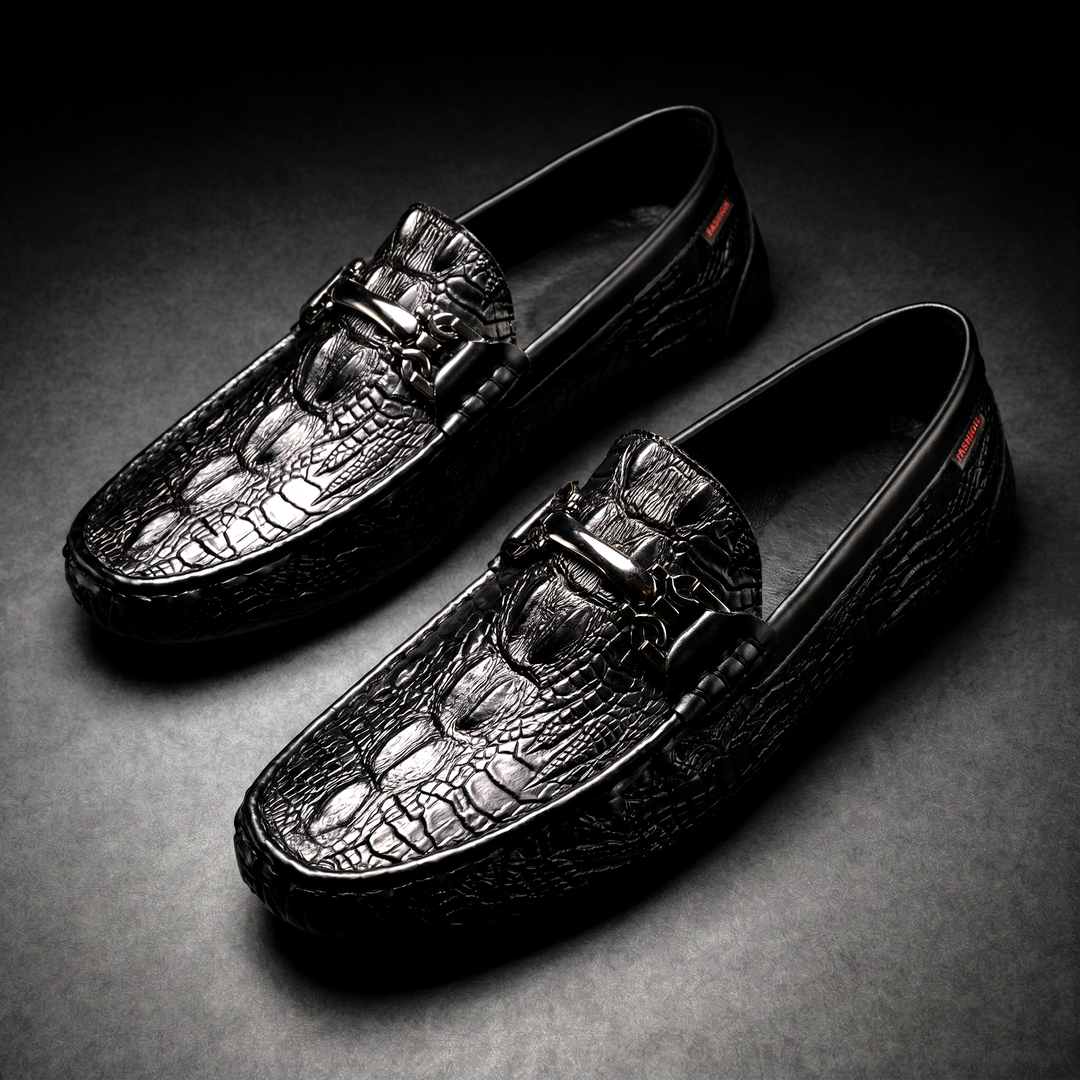Croc texture loafers with metal bit detail and rounded toes