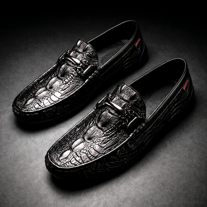 Croc texture loafers with metal bit detail and rounded toes