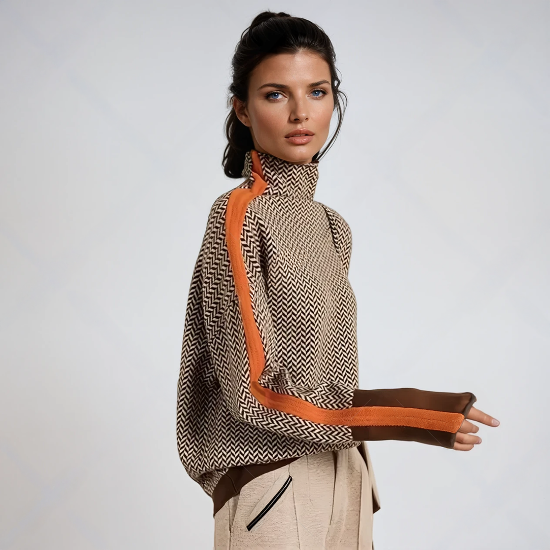 Women's herringbone turtleneck jumper with long sleeves and contrast trim