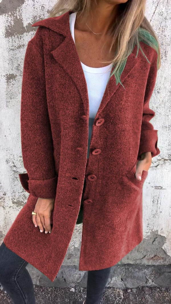 Women's long button-front coat with notched lapels and patch pockets