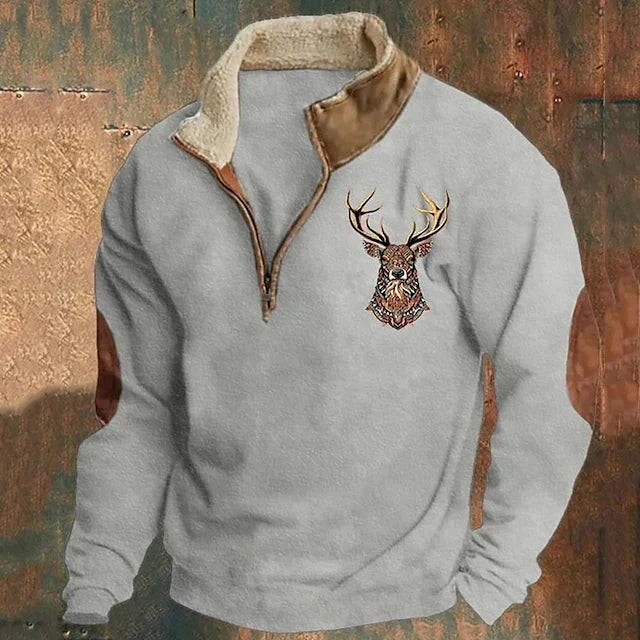 Men's quarter-zip pullover sweatshirt with embroidered deer motif and stand collar