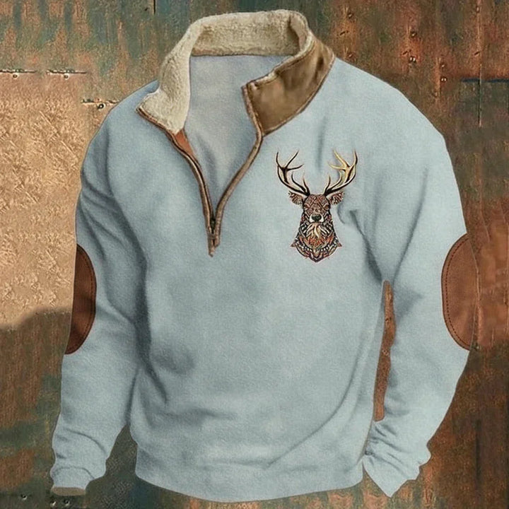 Men's quarter-zip pullover with high collar and deer embroidery