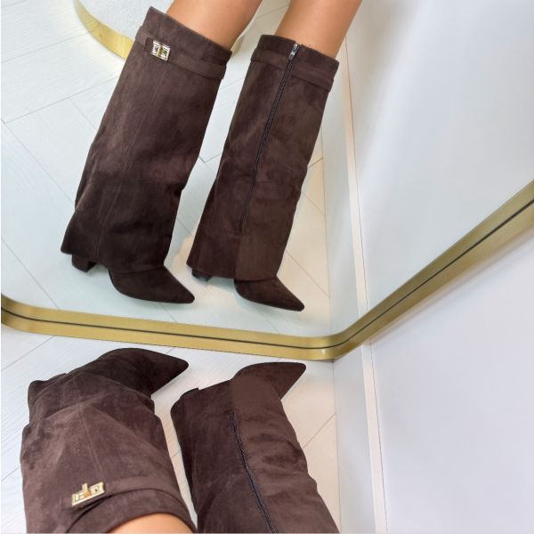 Women's knee high pointed toe boots with block heels and buckle straps