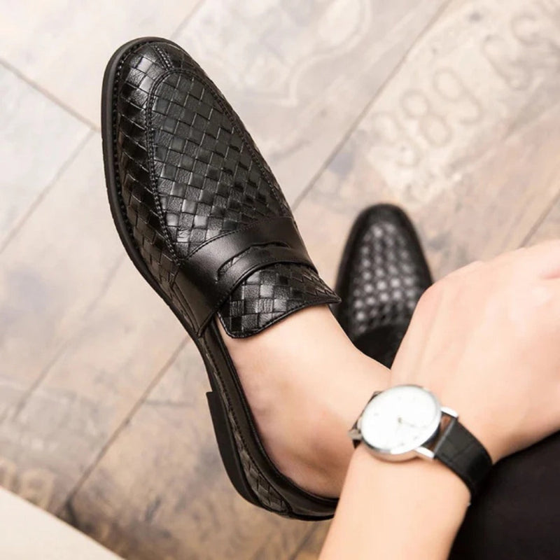 Woven moccasin loafers with slip-on strap and low heel