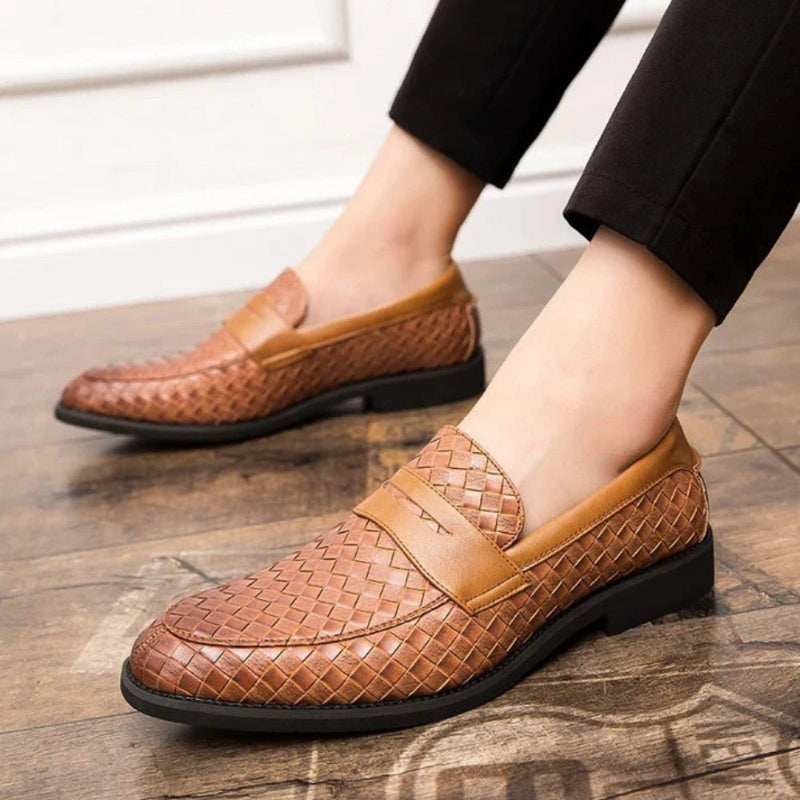 Woven moccasin loafers with slip-on strap and low heel