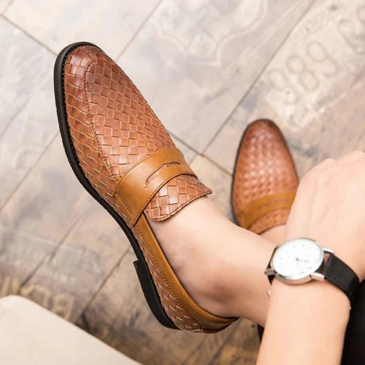 Woven moccasin loafers with slip-on strap and low heel