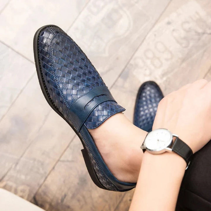 Woven moccasin loafers with slip-on strap and low heel