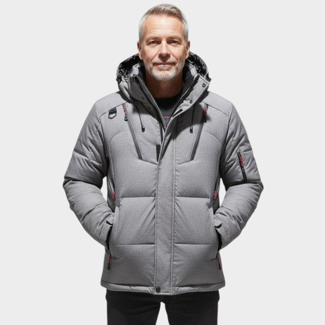 Men's hooded quilted jacket with zip front, long sleeves and multiple pockets