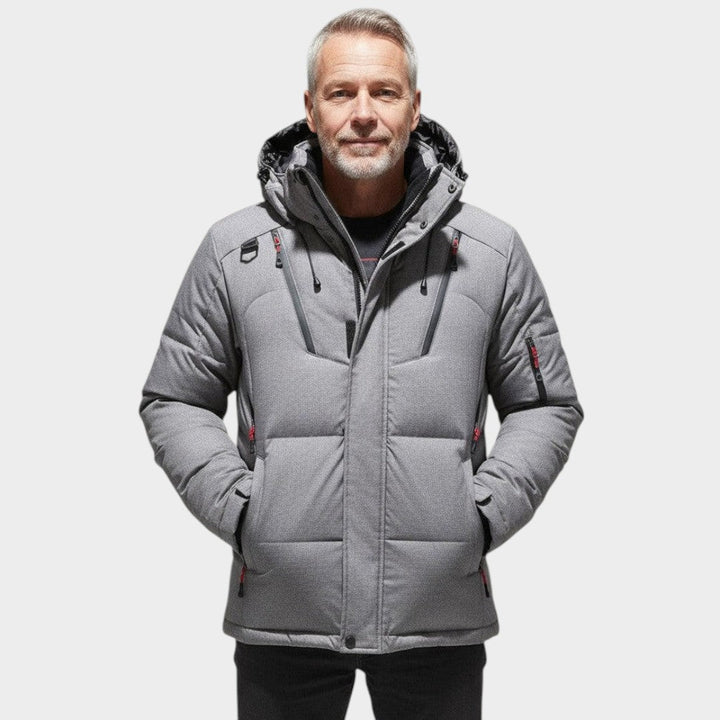Men's hooded quilted jacket with zip front, long sleeves and multiple pockets