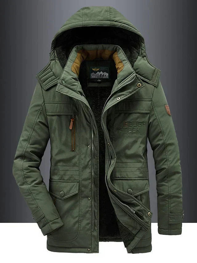 Men's hooded winter jacket with multiple pockets and zip front