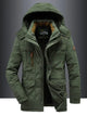 Men's hooded winter jacket with multiple pockets and zip front