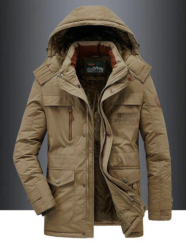 Men's hooded winter jacket with multiple pockets and zip front