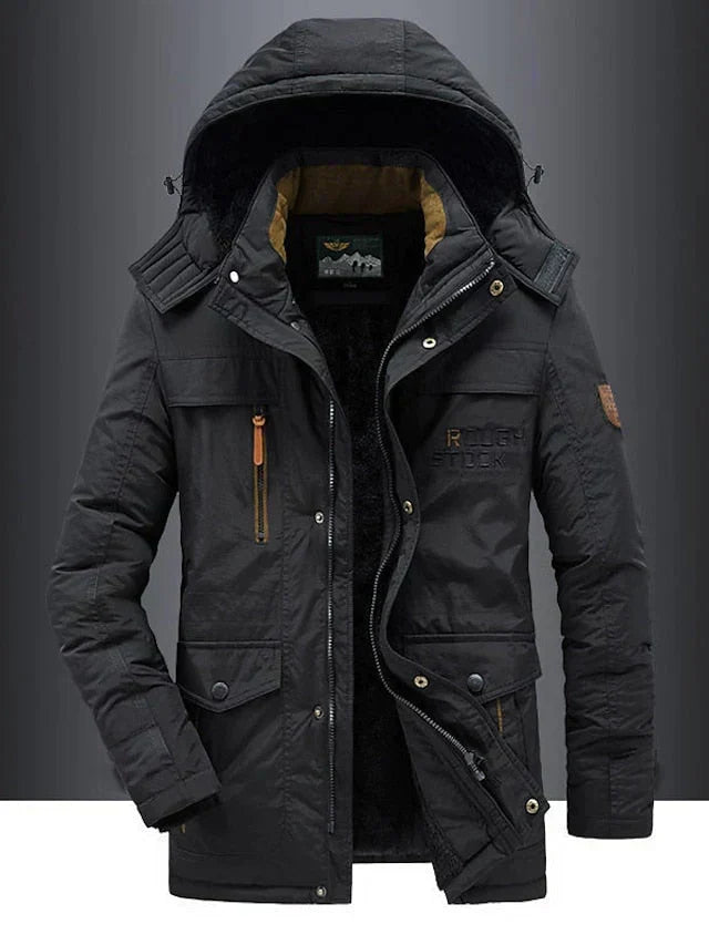 Men's hooded winter jacket with multiple pockets and zip front