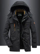 Men's hooded winter jacket with multiple pockets and zip front