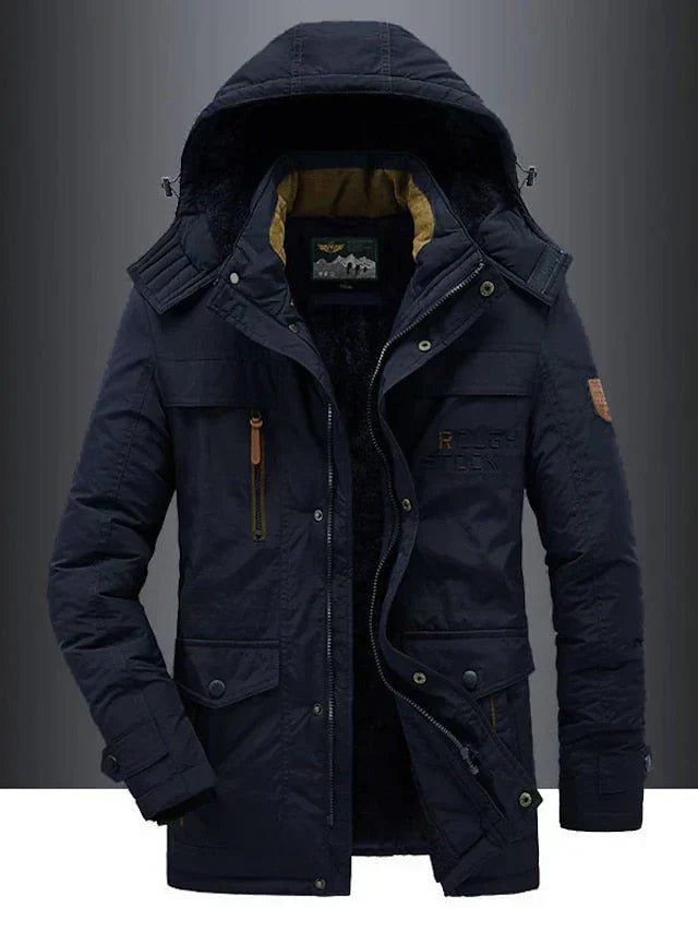 Men's hooded winter jacket with multiple pockets and zip front