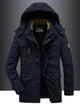 Men's hooded winter jacket with multiple pockets and zip front
