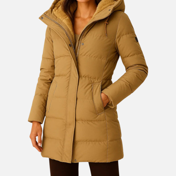 Women's quilted hooded winter jacket with long sleeves and front pockets
