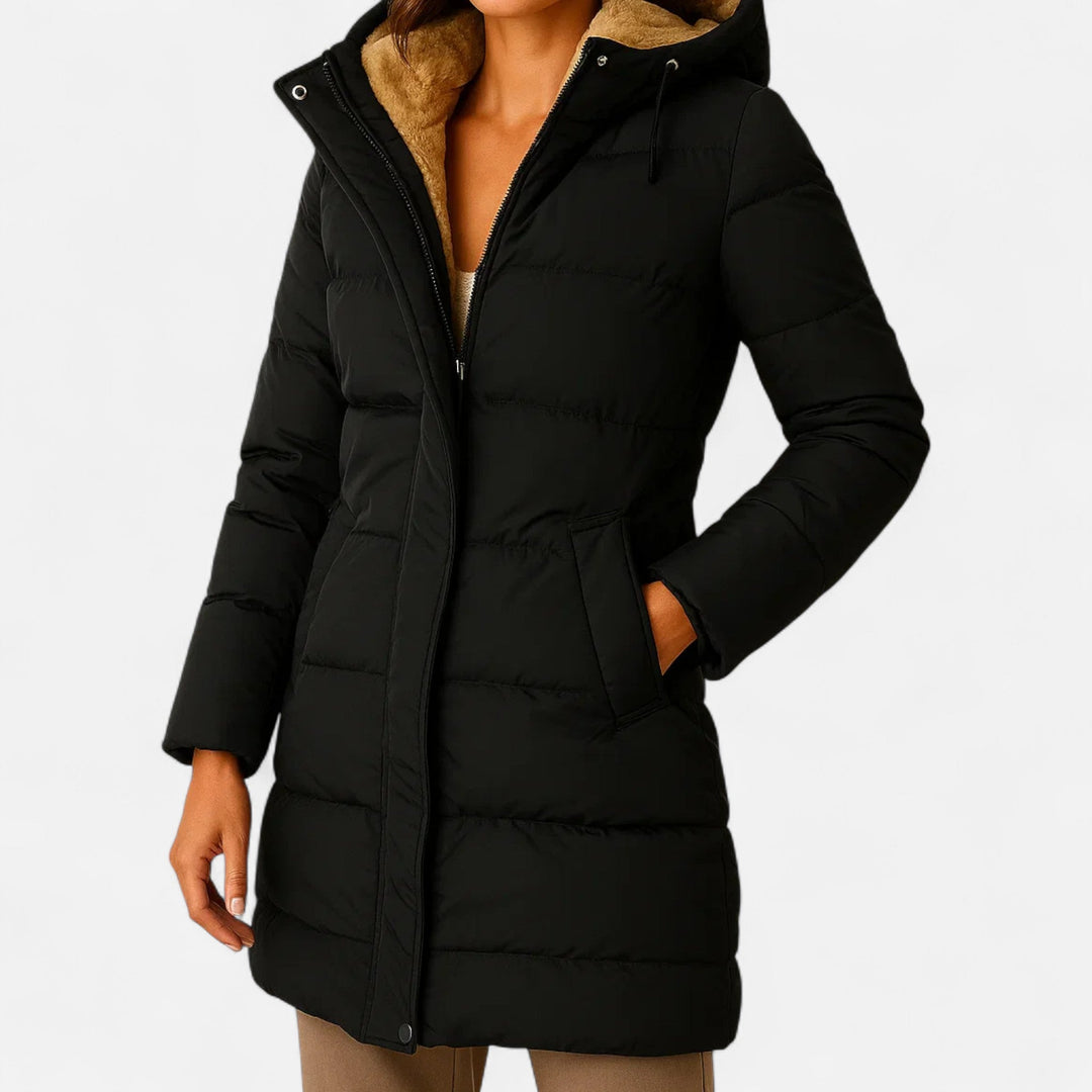 Women's quilted hooded winter jacket with long sleeves and front pockets