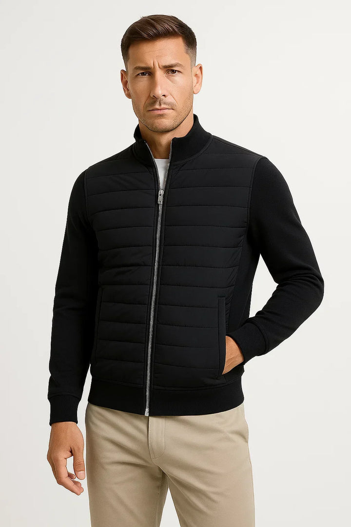 Men's hybrid jacket with quilted front, stand collar and zip
