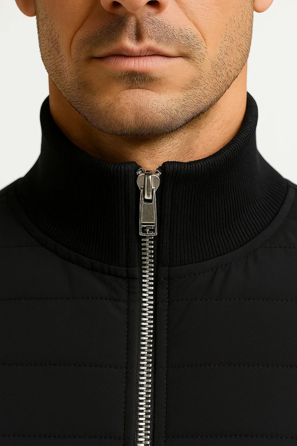 Men's hybrid jacket with quilted front, stand collar and zip
