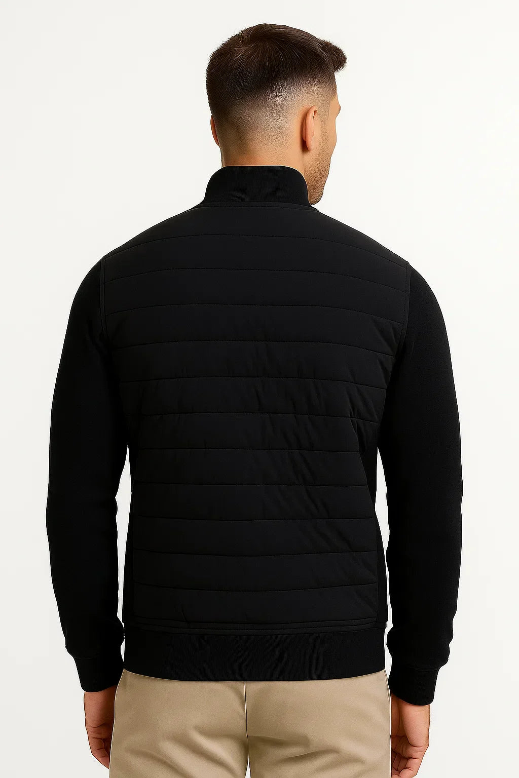 Men's hybrid jacket with quilted front, stand collar and zip