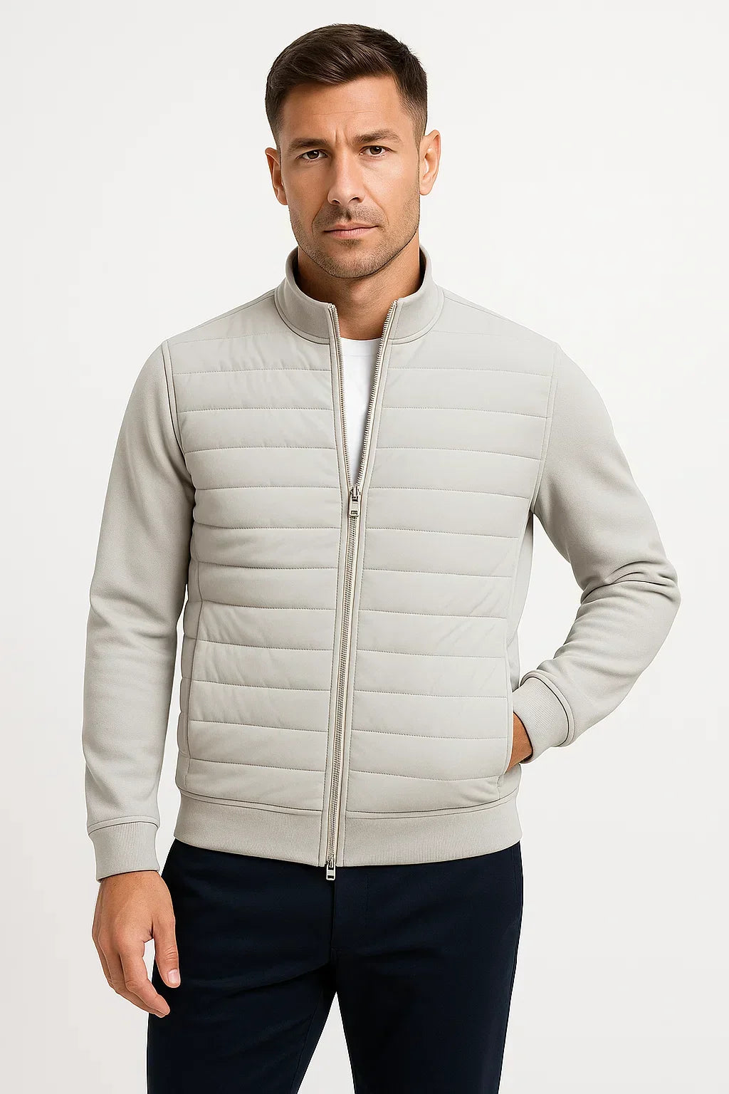 Men's hybrid jacket with quilted front, stand collar and zip