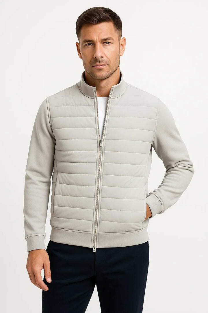 Men's hybrid jacket with quilted front, stand collar and zip