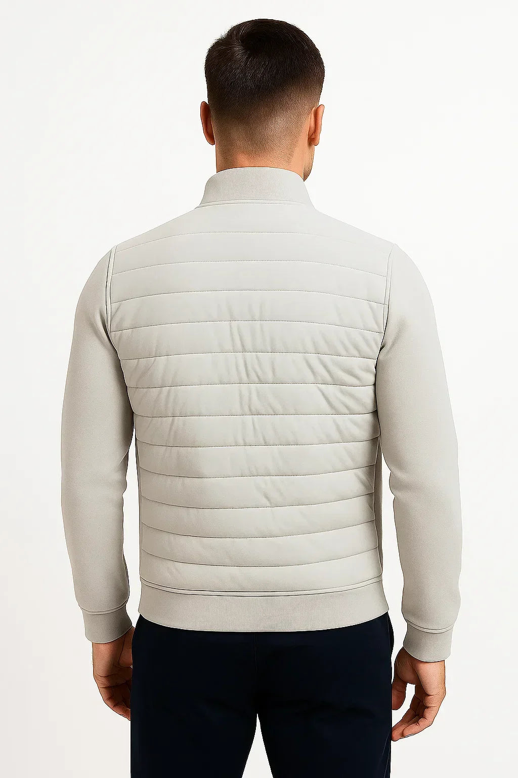 Men's hybrid jacket with quilted front, stand collar and zip