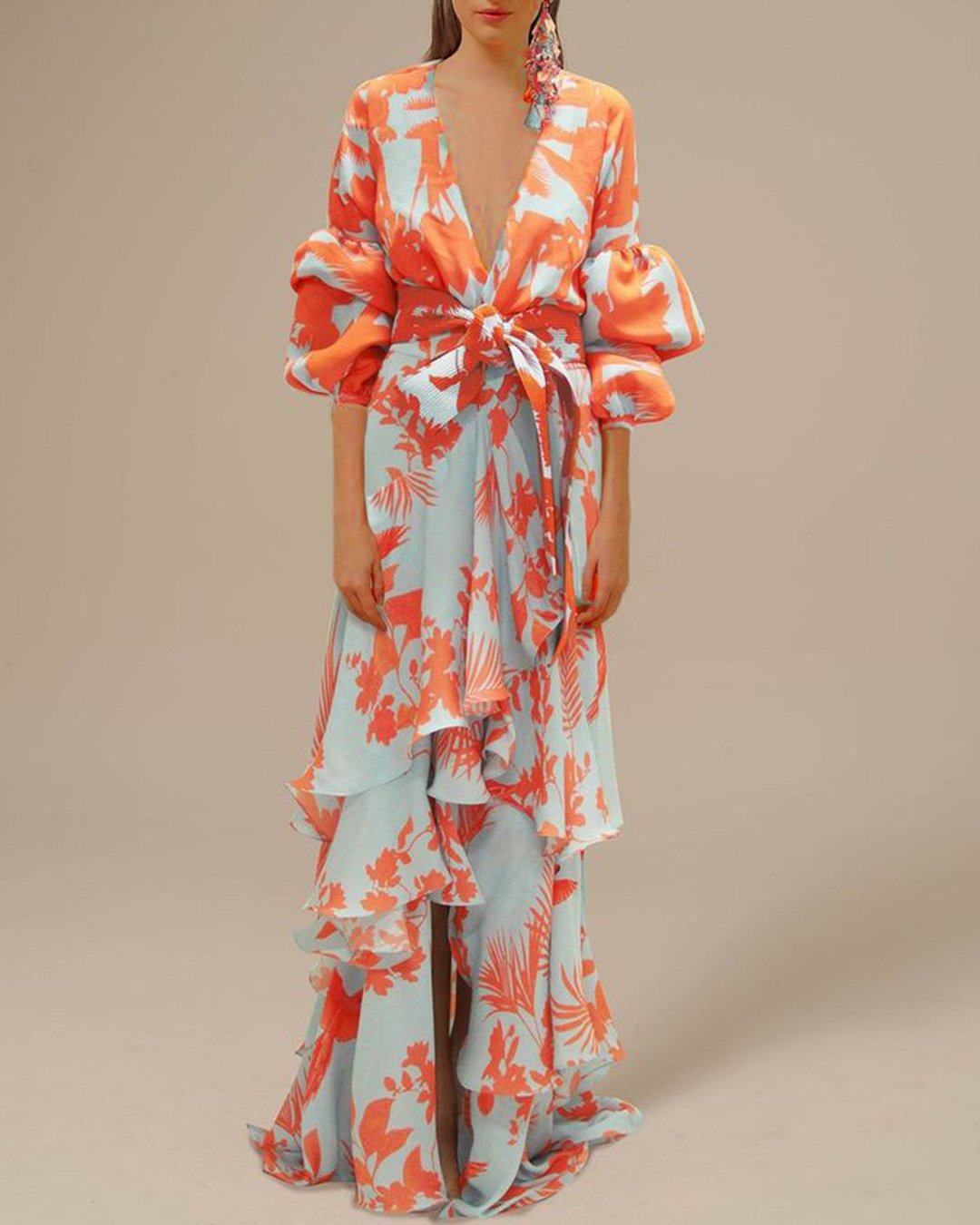 Women's Floral Wrap Maxi Dress — V-Neck Long Sleeve Summer Dress
