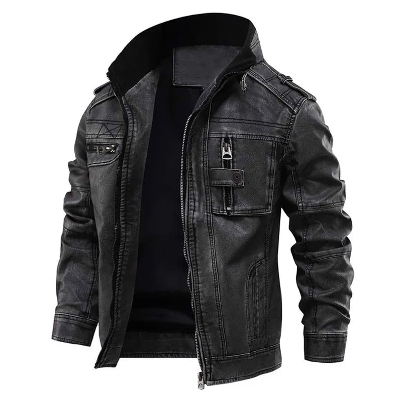 Men's black utility jacket with stand collar, zip front and multiple pockets