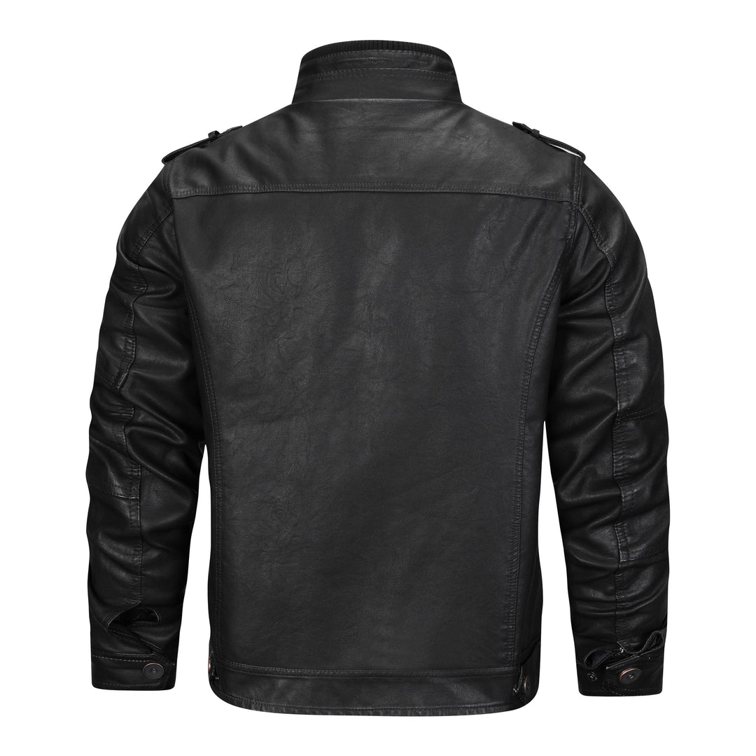 Men's black utility jacket with stand collar, zip front and multiple pockets