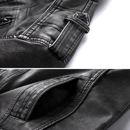 Men's black utility jacket with stand collar, zip front and multiple pockets
