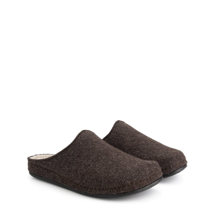 Brown unisex closed-toe house slippers with open backs and black flat soles