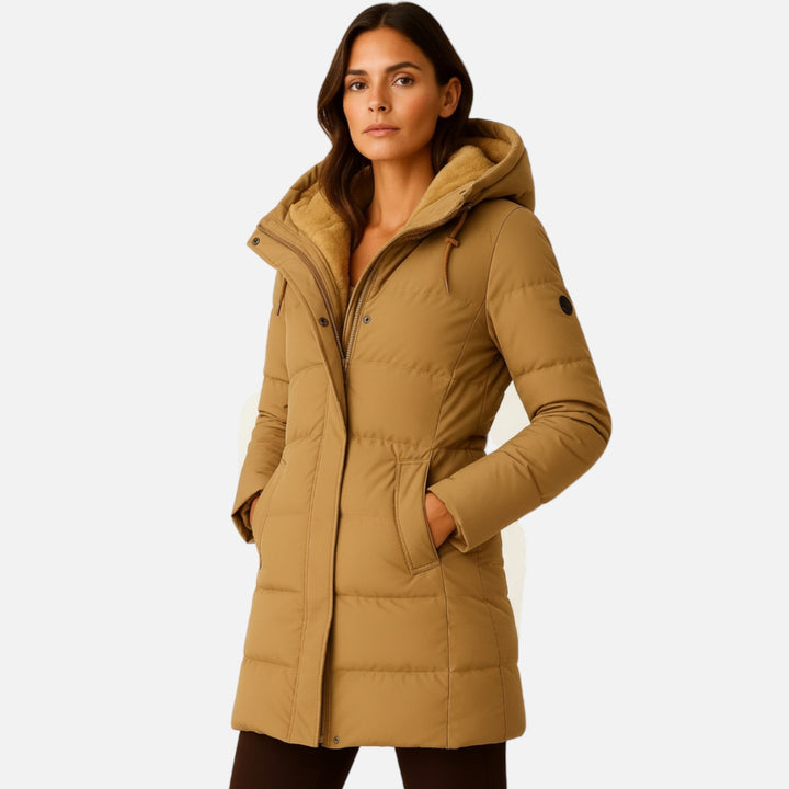 Women's quilted hooded winter jacket with long sleeves and front pockets