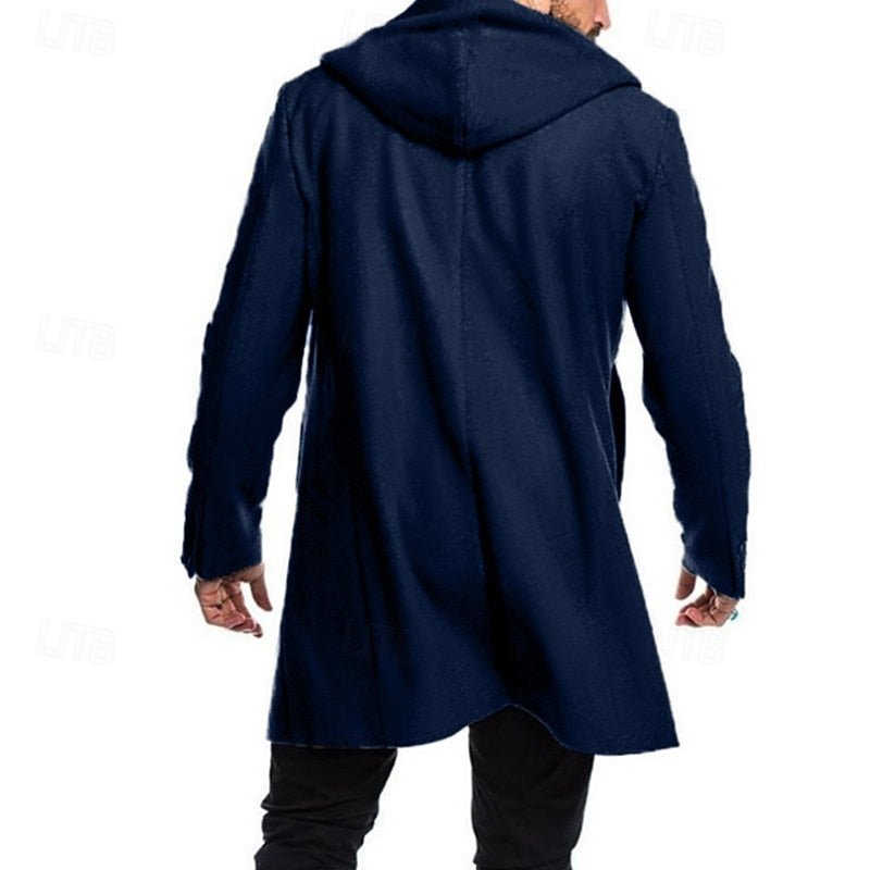 Men's hooded toggle trench coat with broad collar and multiple front pockets