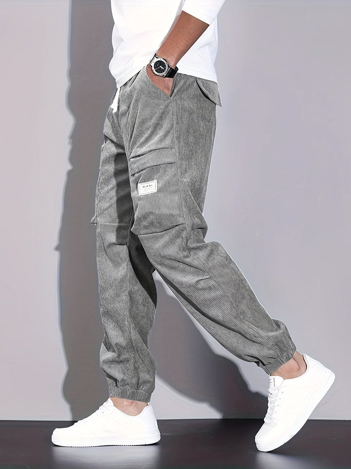 Men's corduroy cargo trousers with drawstring waist and elasticated ankle hems