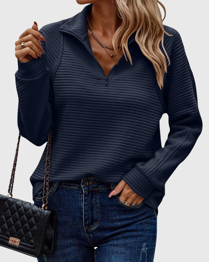 Women's ribbed quarter-zip sweater with mock collar and long sleeves
